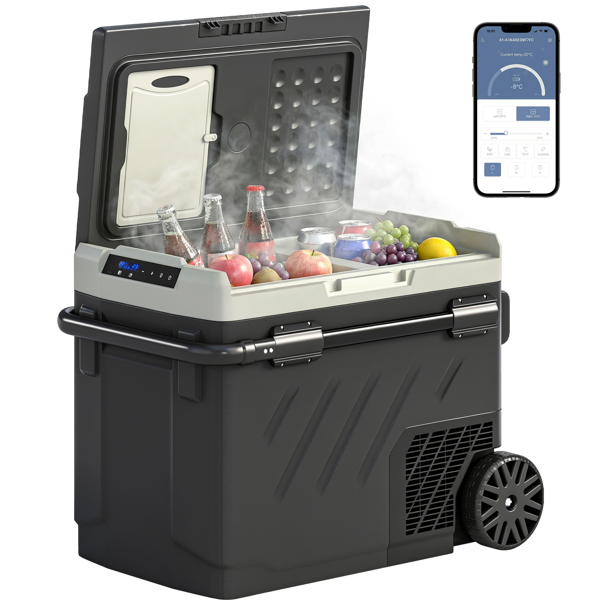 Nevera Portátil Eléctrica 49L 12/24/240V Refrigerador de Coche con Compresor Doble Zona Control por App Luz LED Pantalla Modos ECO y MAX de -20℃ a +20 ℃ Asa Telescópica Ruedas y Puerto USB