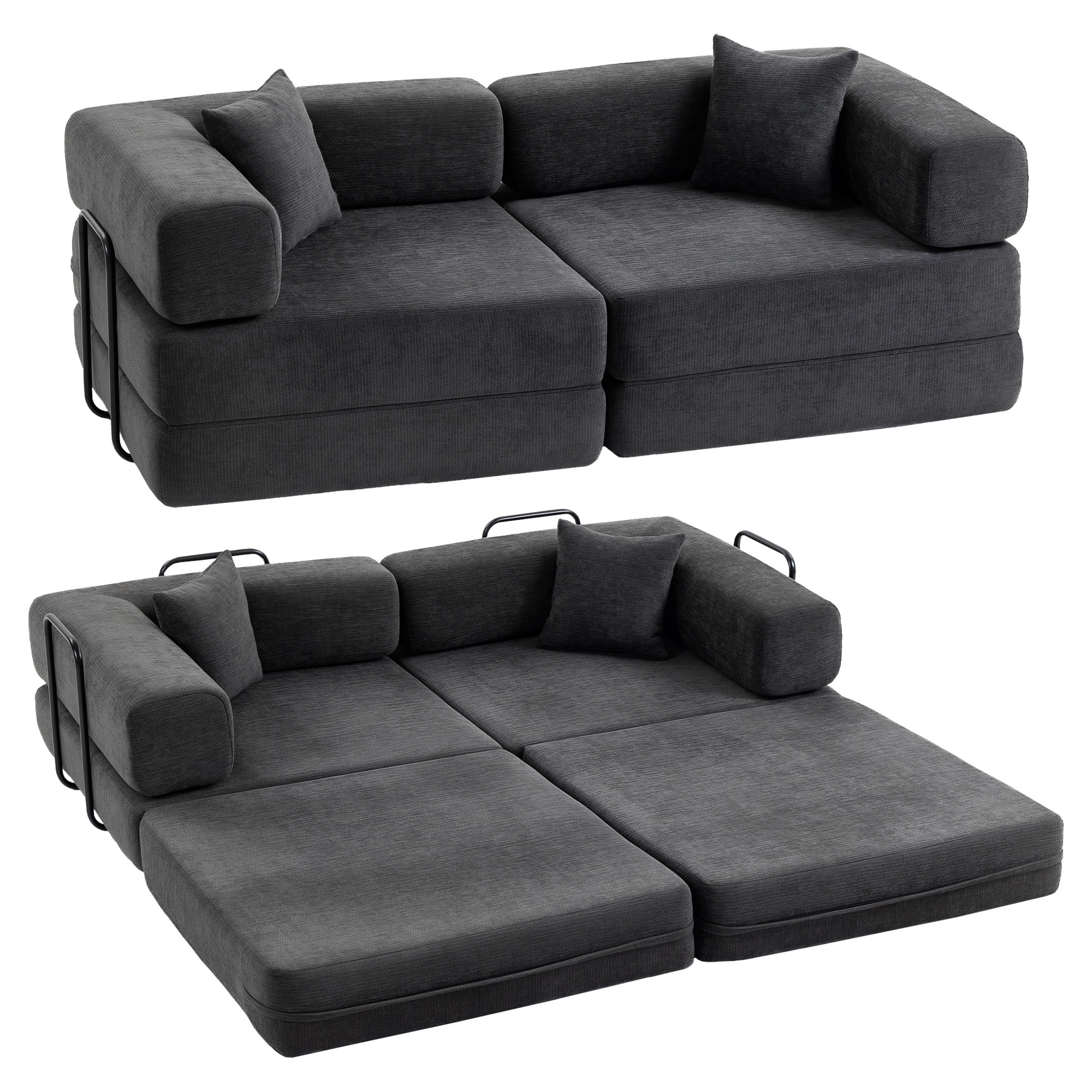Sofá Cama de 2 Plazas Plegable, Sofá Cama, Tapizado en Chenilla, con 2 Almohadas, Reposabrazos Anchos, Acolchado Grueso, No Requiere Montaje, para Dormitorio, Salón, Gris Oscuro