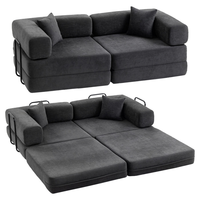 Sofá Cama de 2 Plazas Plegable, Sofá Cama, Tapizado en Chenilla, con 2 Almohadas, Reposabrazos Anchos, Acolchado Grueso, No Requiere Montaje, para Dormitorio, Salón, Gris Oscuro