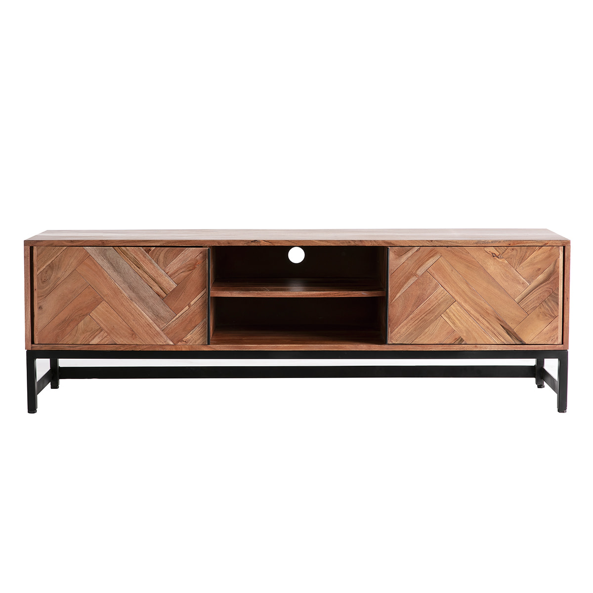 Meuble TV à motifs chevrons en bois massif et métal noir L158 cm STICK