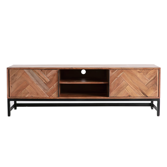 Meuble TV à motifs chevrons en bois massif et métal noir L158 cm STICK