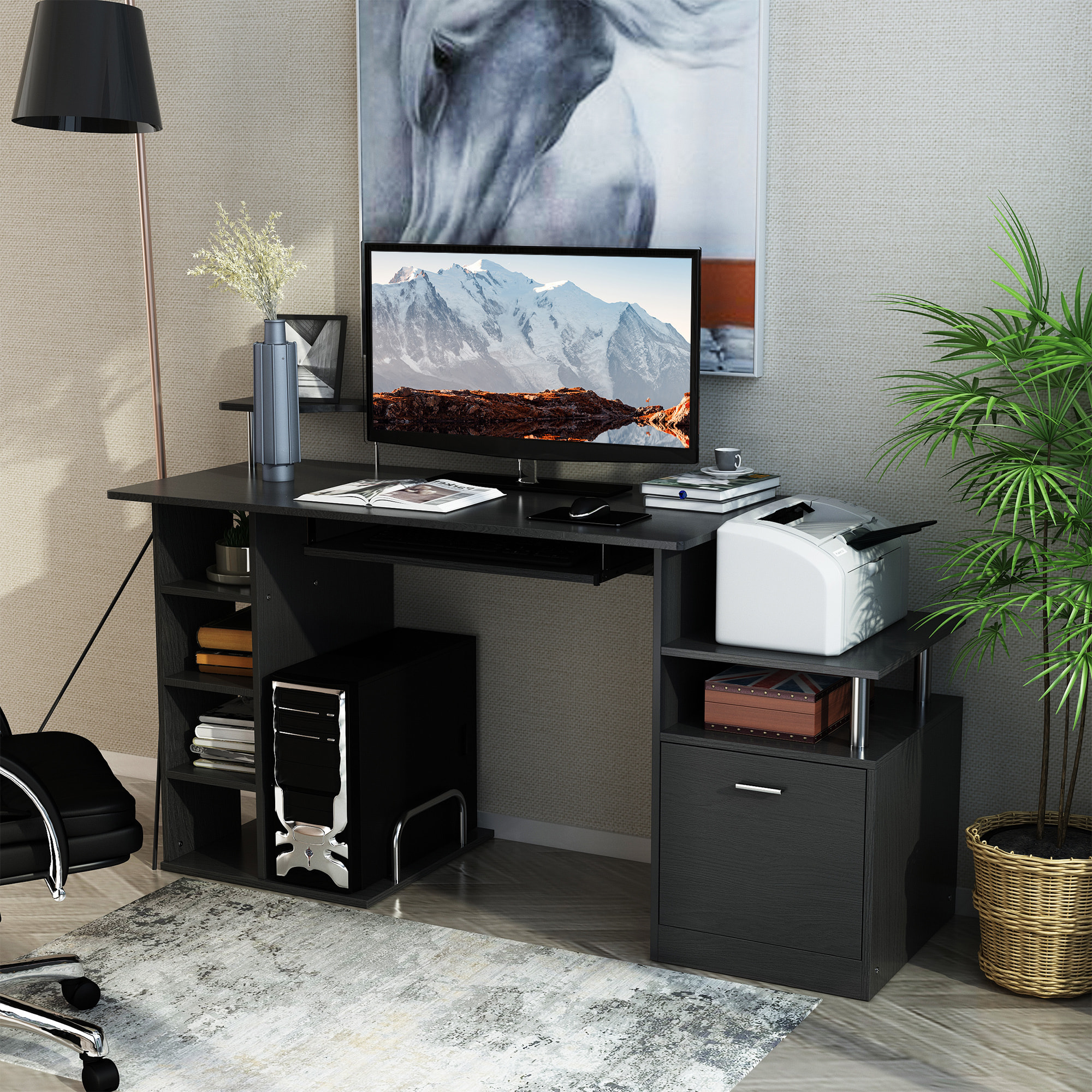 Mesa de Ordenador Mesa de Escritorio con 6 Estantes Cajón Bandeja de Teclado y Soportes para Monitor Impresora para Oficina Estudio 152x60x88 cm Negro