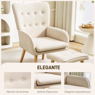 Sillón con Reposapiés Sillón Lectura con Respaldo Alto Capitoné Patas de Madera y Tapizado en Lino Butaca para Salón Dormitorio Oficina Beige