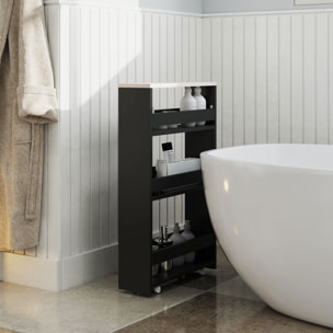 Meuble bas colonne rangement salle de bain à roulettes 3 niveaux dim. 48L x 15l x 80H cm MDF panneaux noir aspect chêne clair