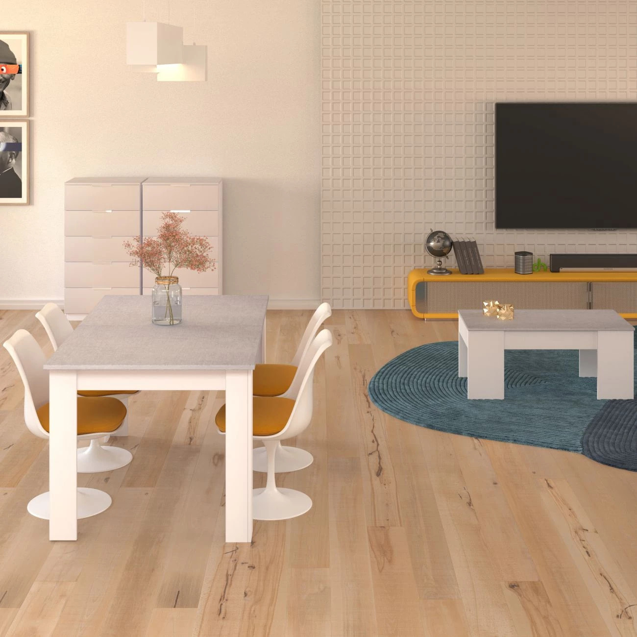 Pack mesa de comedor 140 y mesa de centro Vita Blanco Artik (Blanco Mate) - Gris Cemento