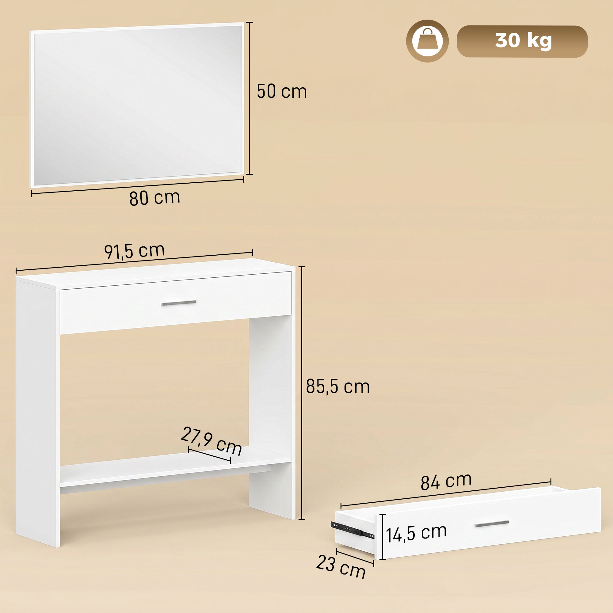Recibidor de Entrada con Espejo, Cajón y Estante, Mueble de Recibidor de 2 Piezas con Mesa Consola y Espejo, Diseño Antivuelco, para Pasillo, 91,5x27,9x85,5 cm, Blanco