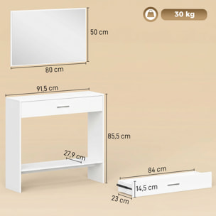Recibidor de Entrada con Espejo, Cajón y Estante, Mueble de Recibidor de 2 Piezas con Mesa Consola y Espejo, Diseño Antivuelco, para Pasillo, 91,5x27,9x85,5 cm, Blanco