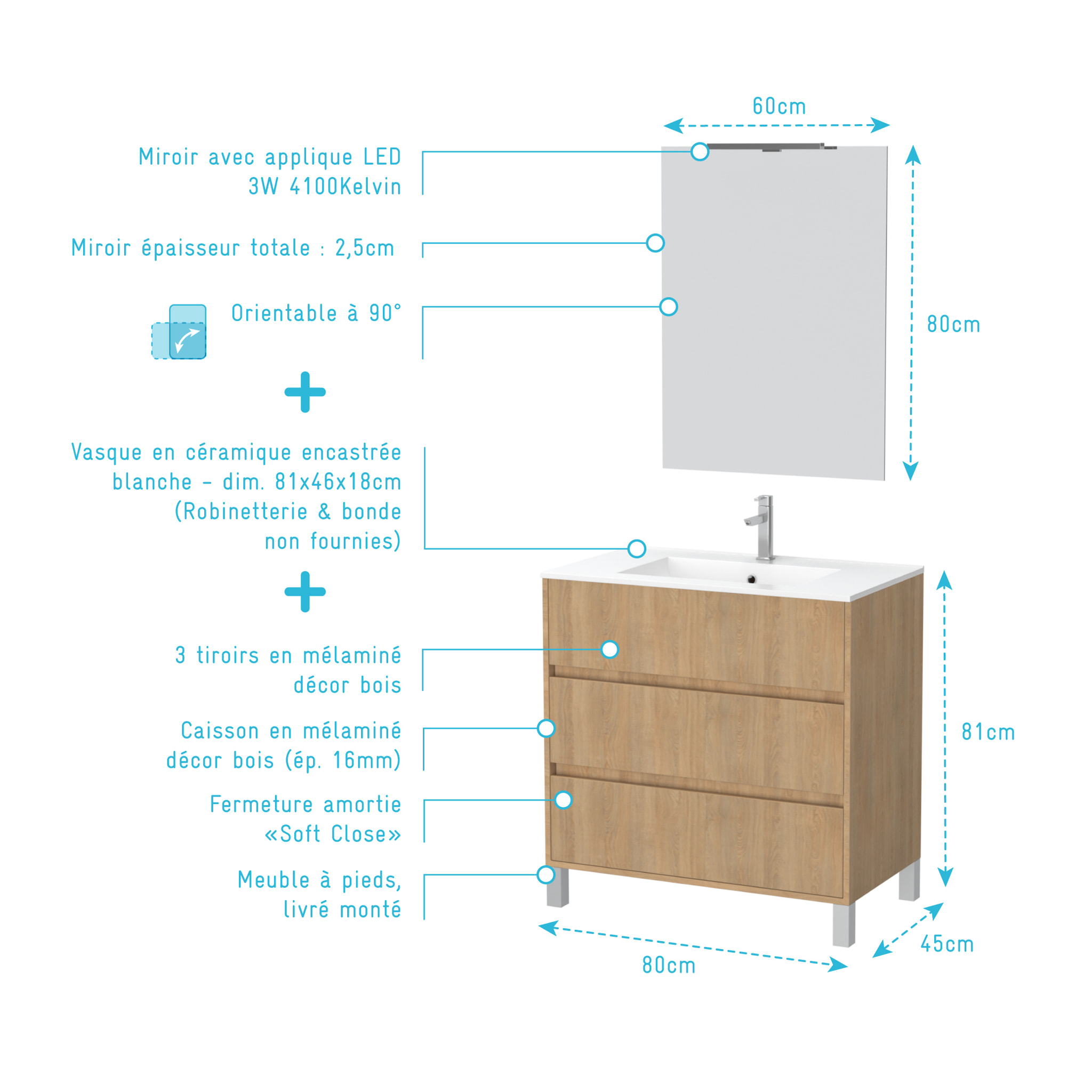 Pack Meuble Salle de Bains 80cm Chêne Clair 3 Tiroirs, Vasque, Miroir 60x80 et réglette Led - XENOS