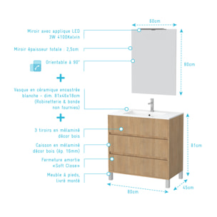 Pack Meuble Salle de Bains 80cm Chêne Clair 3 Tiroirs, Vasque, Miroir 60x80 et réglette Led - XENOS