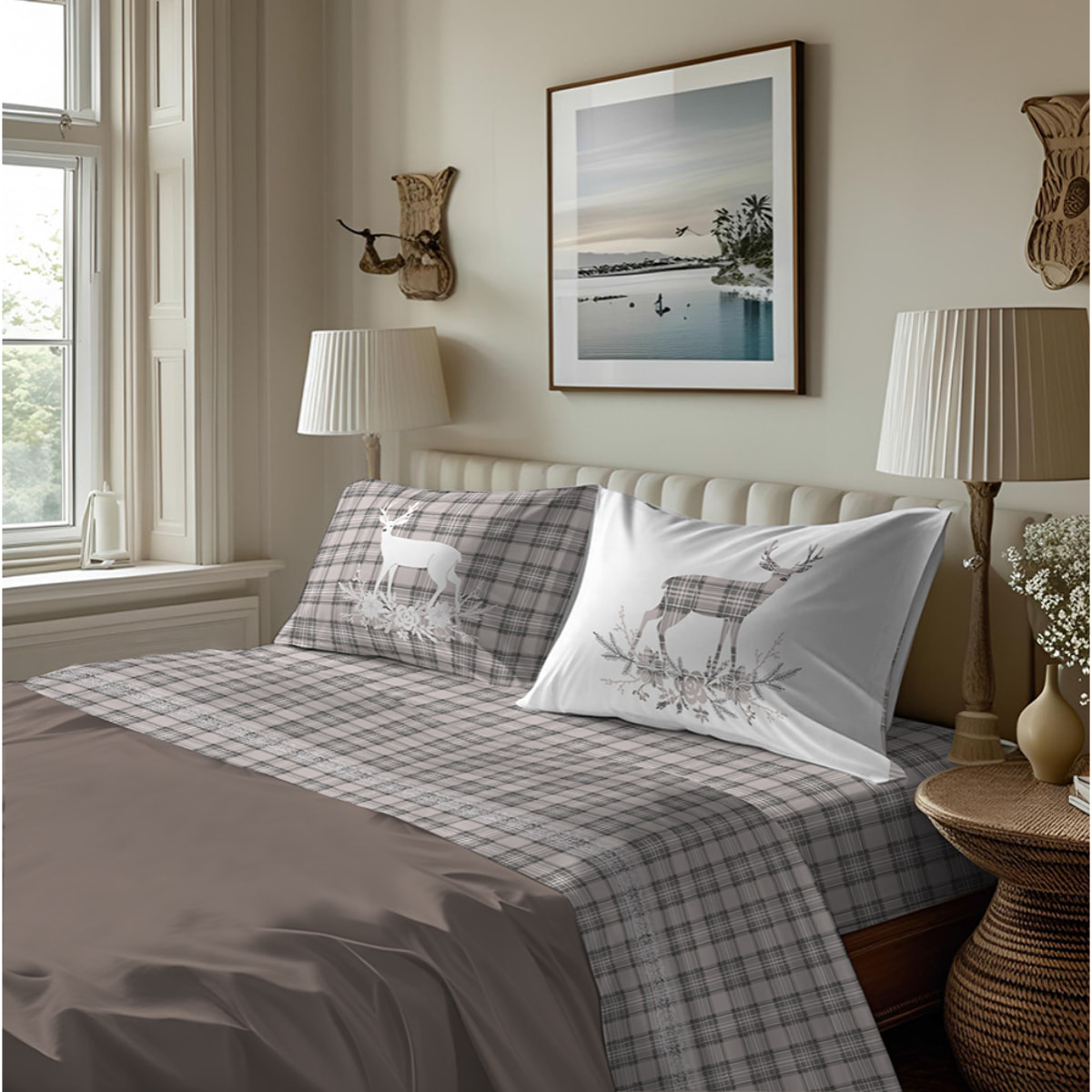 Completo letto in flanella tartan cervo beige