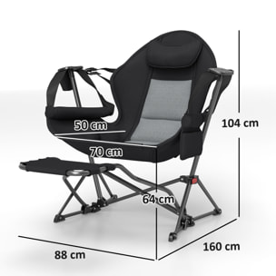 Pack 2 Mecedora Jardín Exterior con Reposapiés Silla Plegable de Camping con Reposacabezas Portavasos Bolsillos y Bolsa de Transporte Carga 120 kg para Playa Camping Pesca Negro