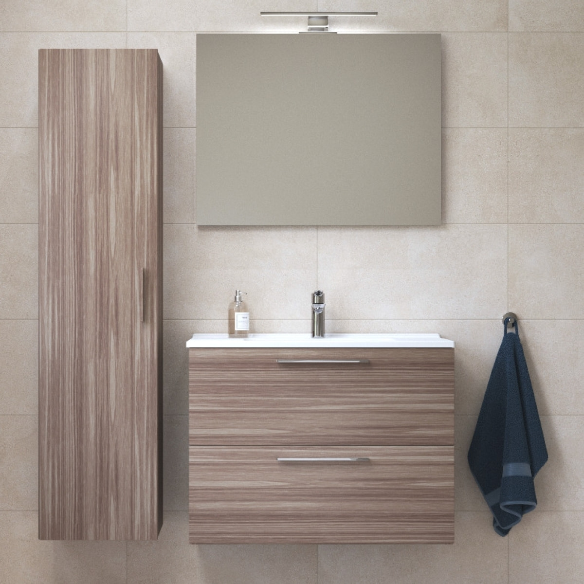 Set Mia ensemble meuble 79x61x39,5 cm  avec miroir, lavabo, éclairage LED + armoire 145x35x35cm, Cordoba