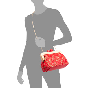 Borbera Borsa a tracolla Donna. Realizzata in legno naturale, cotone e juta con design in rete di tessuto floreale.