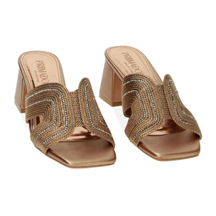 Mules Open Toe rosa-oro in tessuto, tacco 5,5 cm