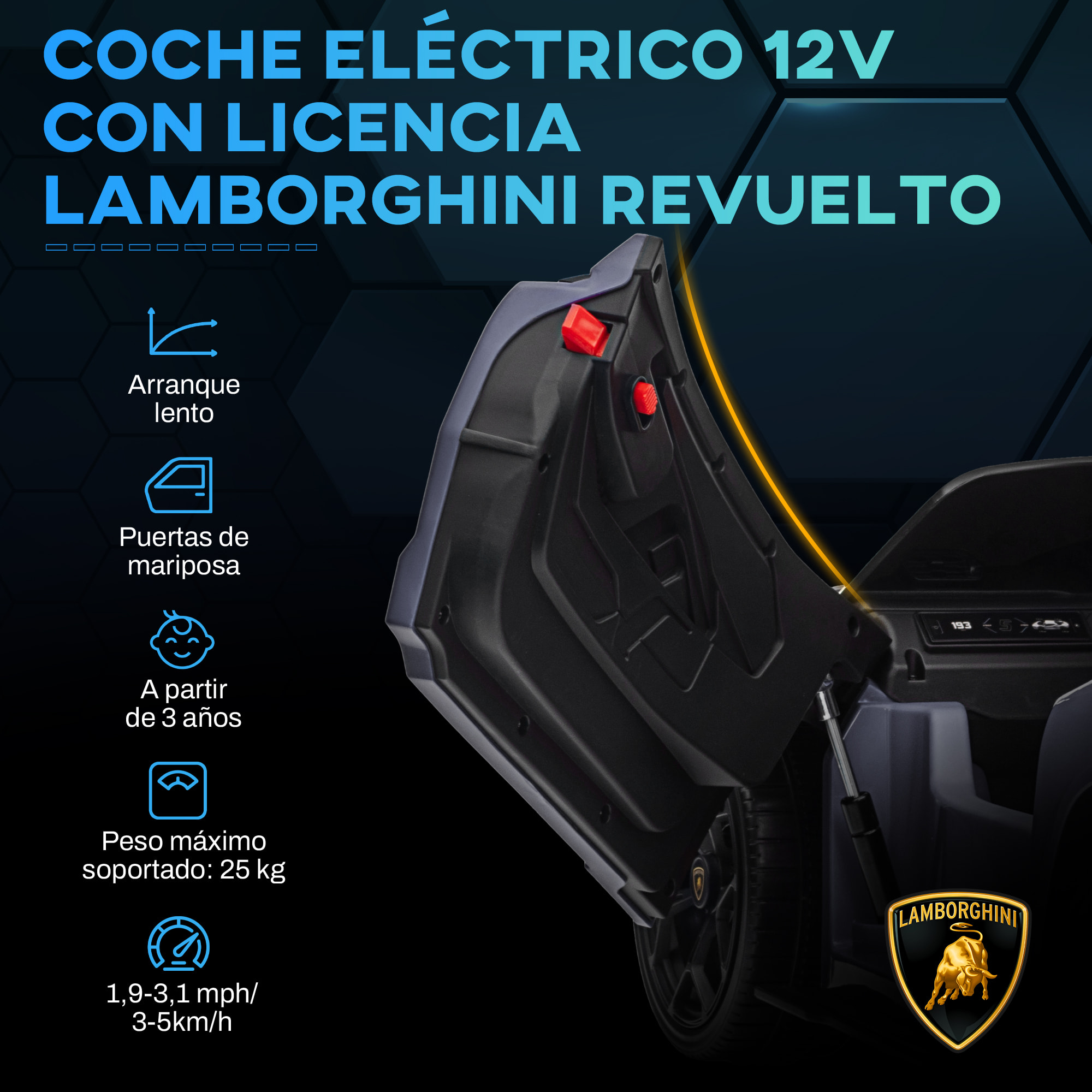 Coche Eléctrico para Niños de +3 Años Lamborghini Revuelto Carro Eléctrico Infantil con Batería 12V Mando a Distancia Faros LED Bocina Música y Ruedas Auxiliares Gris