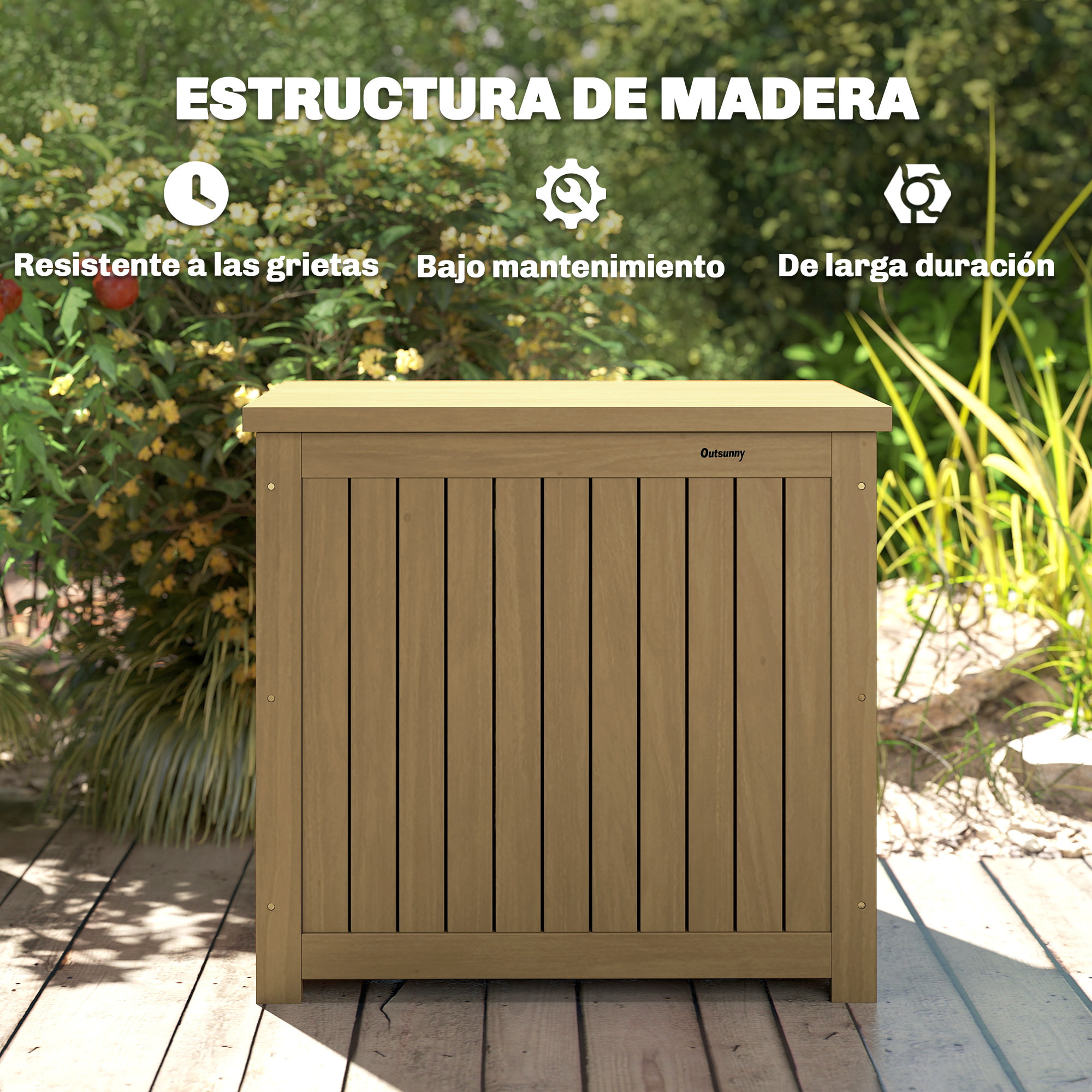 Arcón Exterior de Madera, 130L, Baúl Almacenaje Exterior con Forro, Tapa con Bisagras y Correa, Impermeable, Resistente a la Intemperie, para Jardín, Terraza, Patio, 63x51x58,5 cm, Marrón