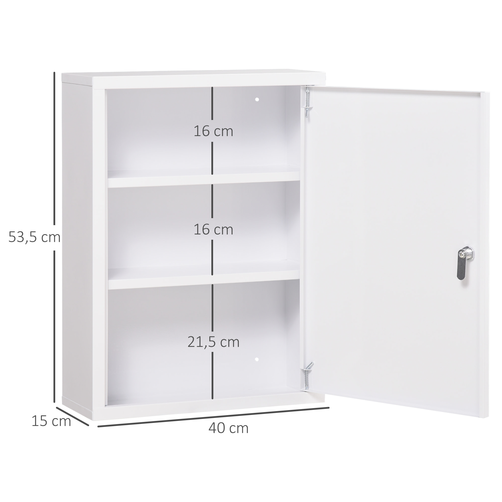 Botiquín de Pared de Acero de Primeros Auxilios Botiquín para Medicinas de 3 Niveles Armario de Baño con Cerradura y 2 Llaves para Cocina 40x15x53,5 cm Blanco