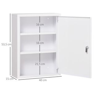 Botiquín de Pared de Acero de Primeros Auxilios Botiquín para Medicinas de 3 Niveles Armario de Baño con Cerradura y 2 Llaves para Cocina 40x15x53,5 cm Blanco
