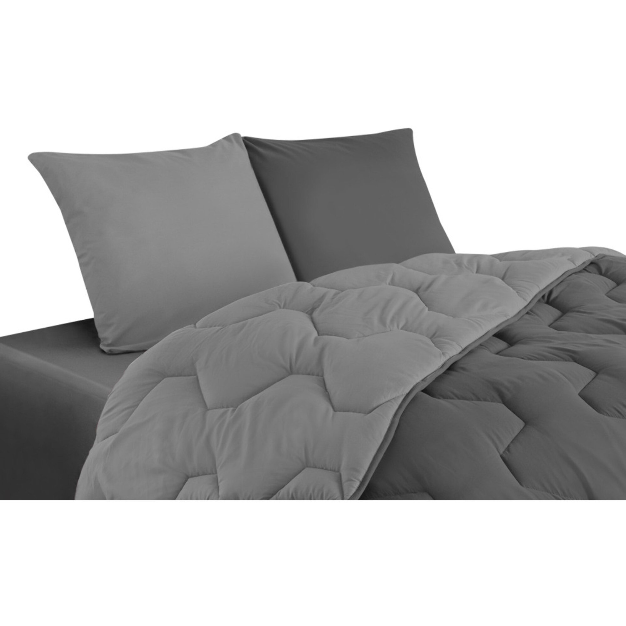 Couette chaude réversible bicolore grise 240x260cm - microfibres 300 g/m2 + 2 oreillers mi-ferme