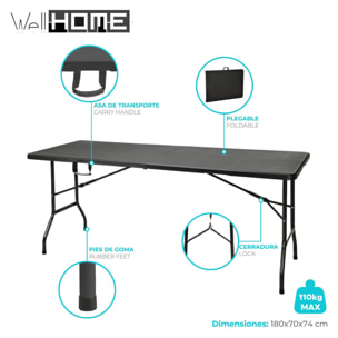 Mesa plegable negra con mecanismo de bloqueo automático 180x70x74cm