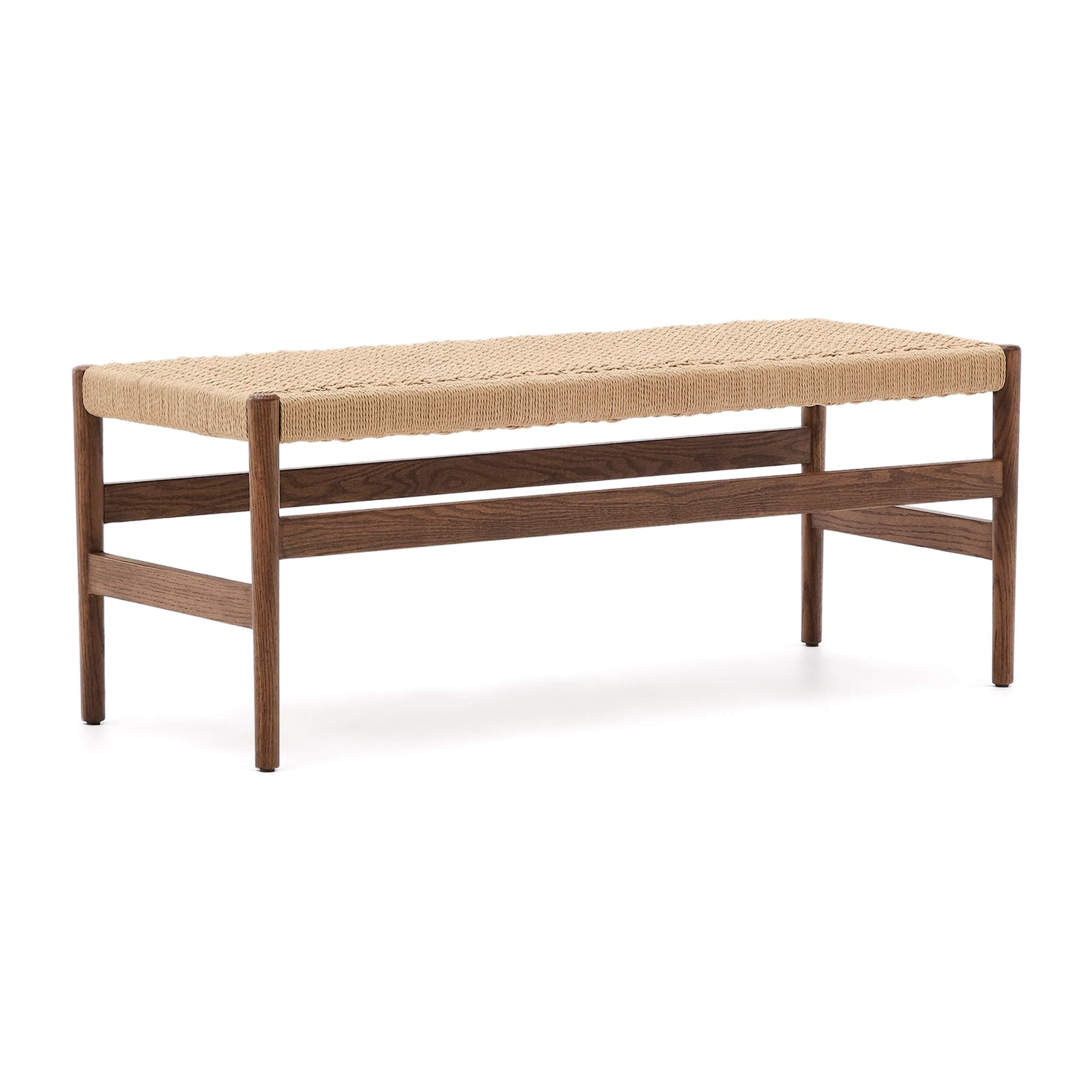 Banco Zaide de madera maciza de roble con acabado nogal y asiento de cuerda 120cm FSC 100%