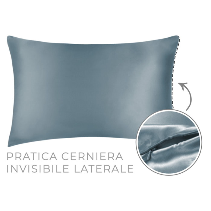 Federa Cuscino Letto Con Zip E Scrunchies Elastico Capelli 100% Seta Tinta Unita Azzurro