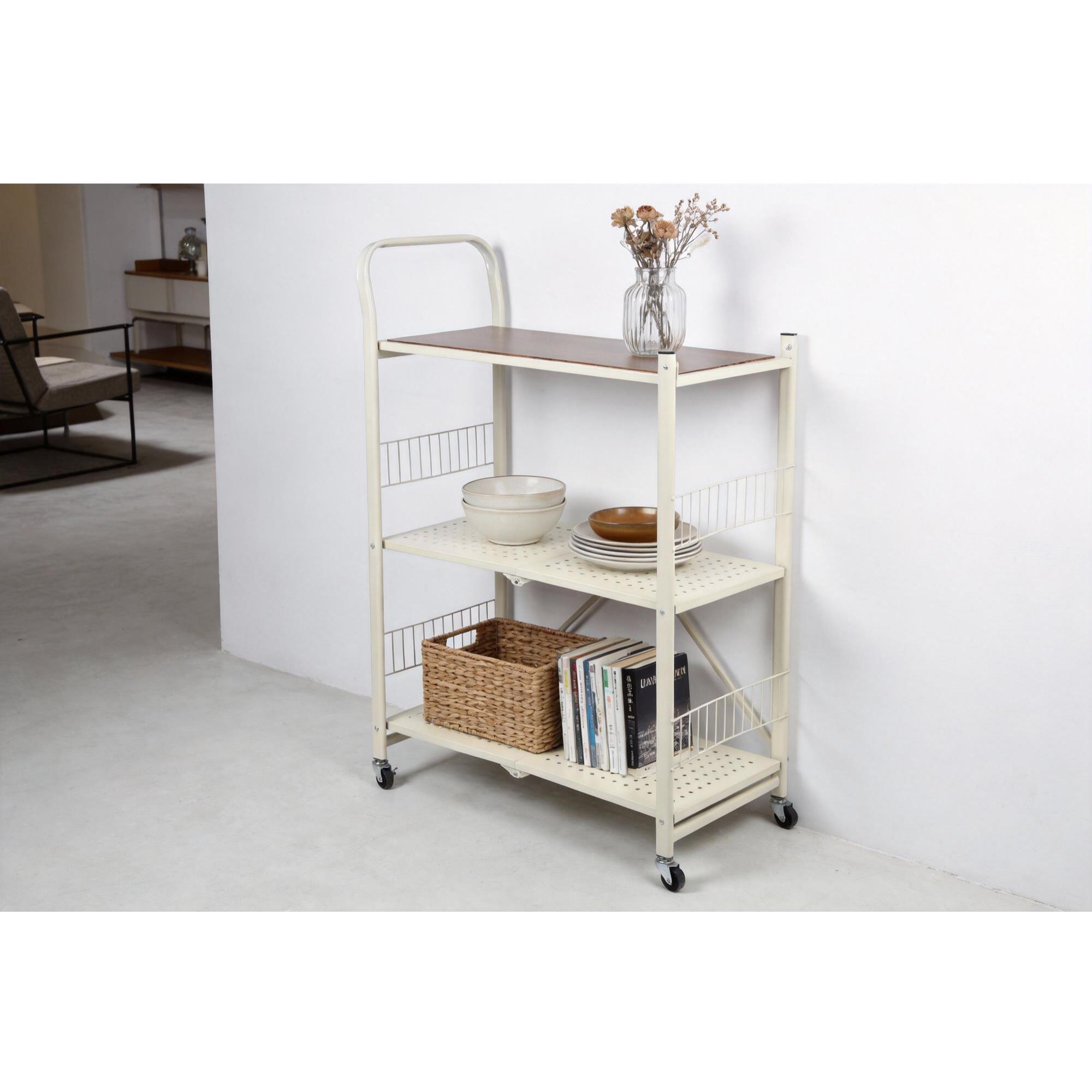 Carito de almacenaje plegable de 3 estantes con ruedas color blanco