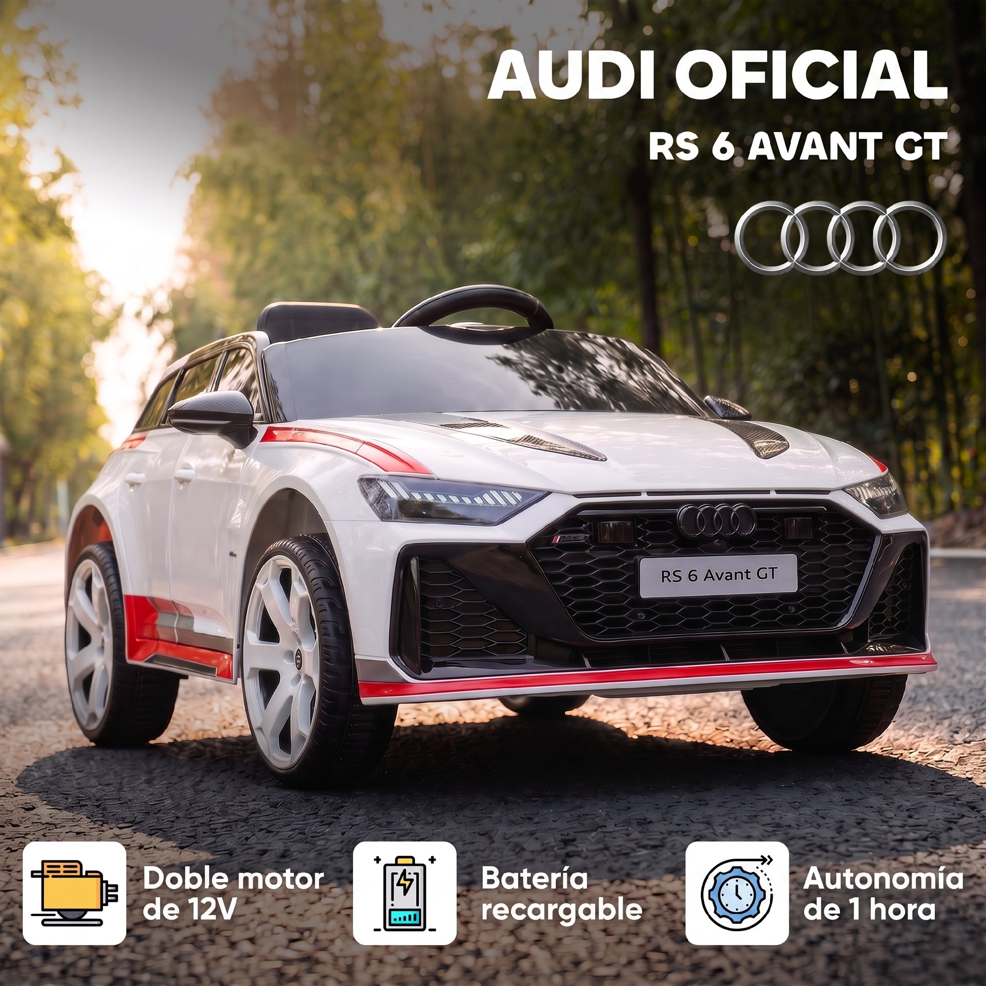 AIYAPLAY Coche Eléctrico para Niños Audi RS 6 Avant GT Coche de Batería 12V con Mando a Distancia 2,4 G Motor Doble Arranque Progresivo Suspensión MP3 Bocina y Faros LED 3-6 Años 3–5 km/h Blanco