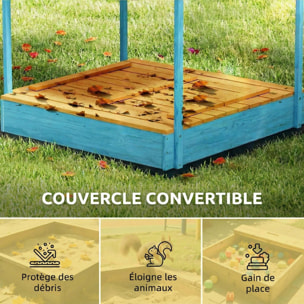 Bac à sable enfant couvercle siège pliable auvent bois bleu