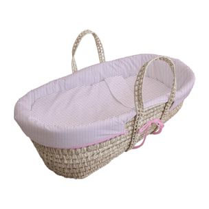 Moises mimbre con colchon y patas rayas rosa