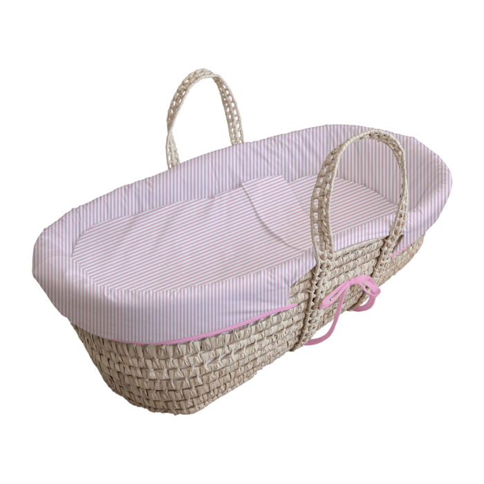 Moises mimbre con colchon y patas rayas rosa