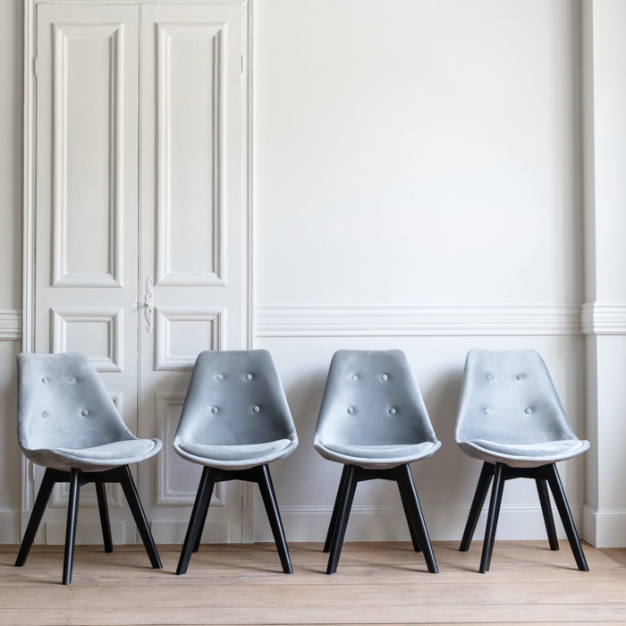 Lot de 4 chaises en velours NORA grises avec coussin