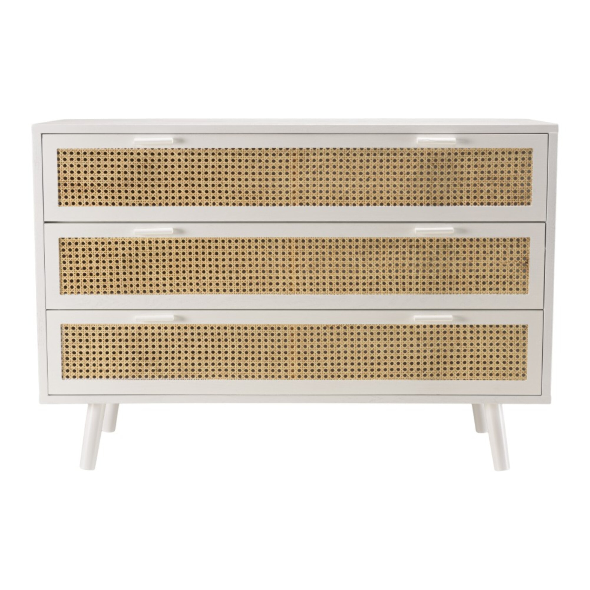 SANDRO - Commode blanche 3 tiroirs cannage naturel