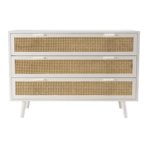 SANDRO - Commode blanche 3 tiroirs cannage naturel