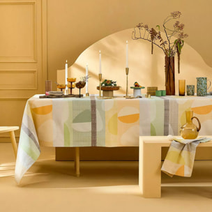 Nappe pur coton 205 g/m² motif jacquard vert orange Mille galets terre cuite