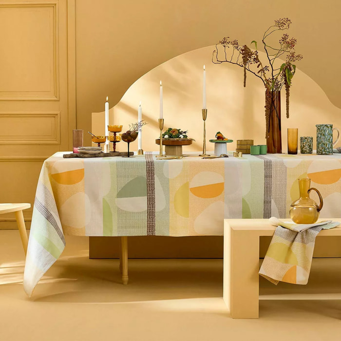 Nappe pur coton 205 g/m² motif jacquard vert orange Mille galets terre cuite