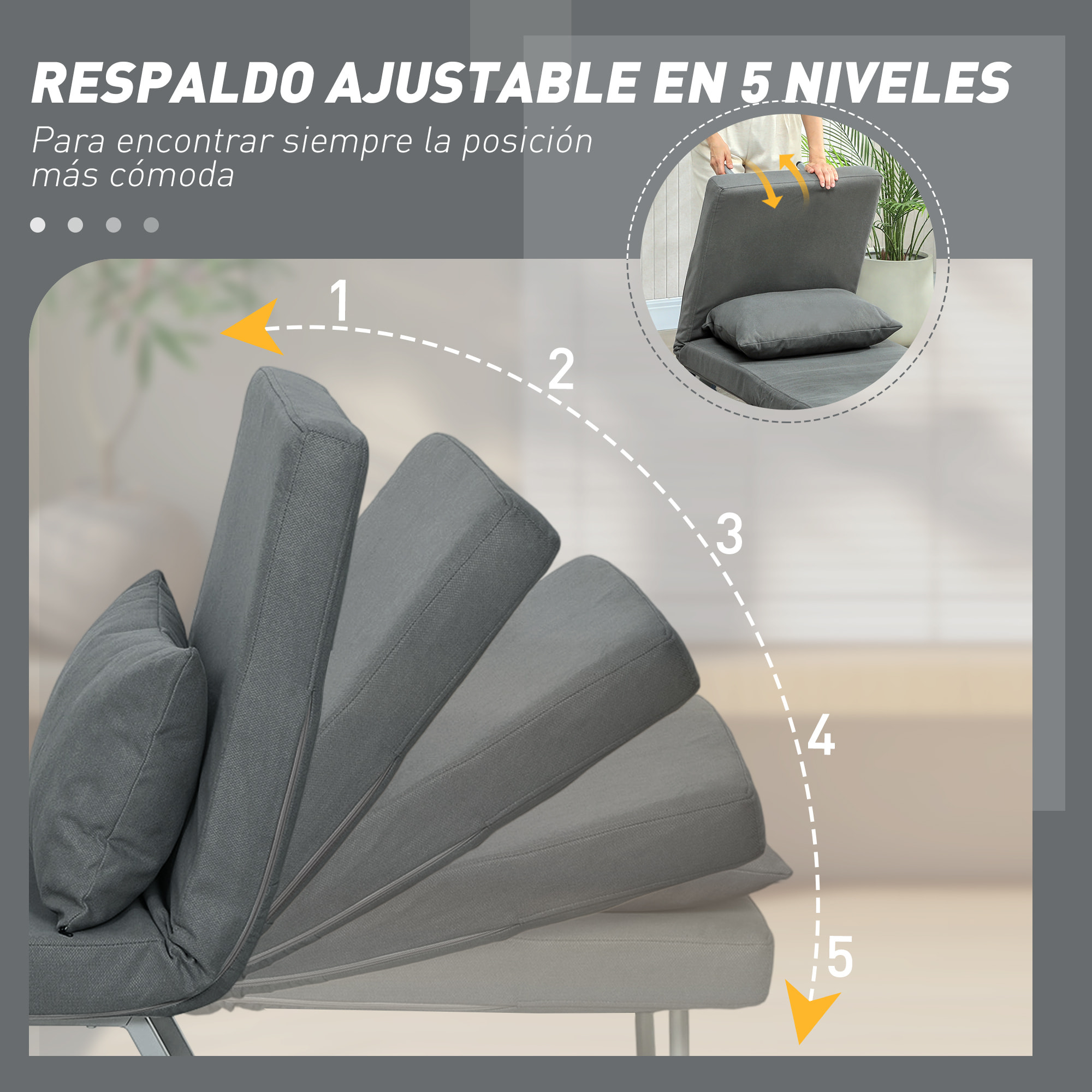 Sofá Cama de 1 Plaza 3 en 1, Sofá Cama Plegable Tapizado en Lino Sintético con Respaldo Ajustable de 5 Niveles y Almohada Acolchada, para Oficina, Dormitorio, Salón, 73x78x81 cm, Gris Oscuro