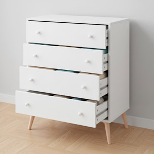 Comò A 4 Cassetti Comodino Stile Scandinavo Cassettiera Settimino Per Camera da Letto Con Gambe Nordiche Guide Metalliche 77.5x40x95 Cm Bianco Opaco