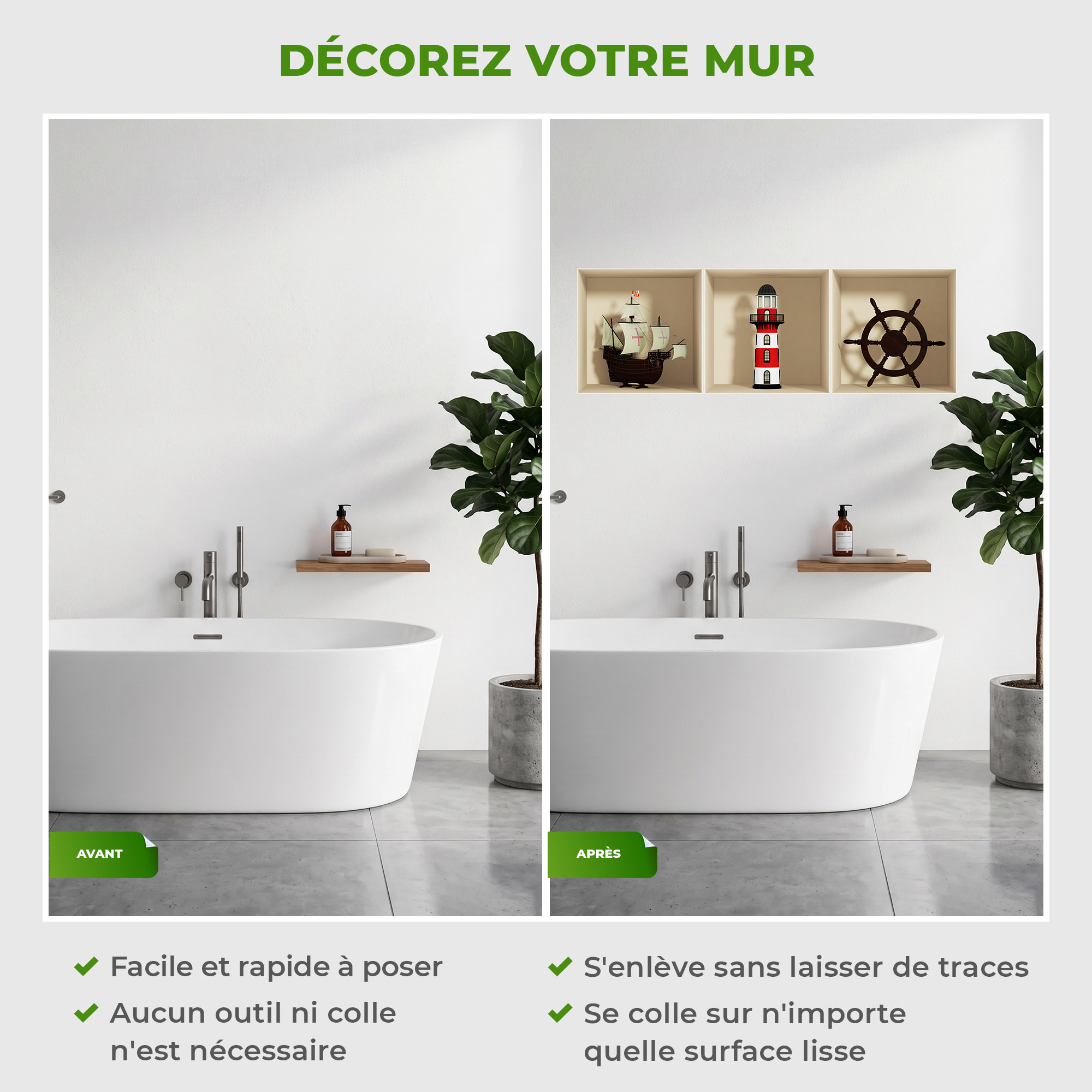 Stickers muraux 3D | Sticker Mural Autocollant effet 3D Décoration maritime - Stickers adhésifs 3D Chambre Salon Trompe l'oeil