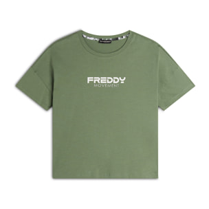 T-shirt donna comfort fit corta con stampa e spacchi