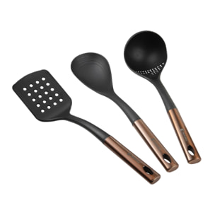set de 3 utensilios de cocina: espátula ranurada, cuchara y cuhcarón en pbt negro y cobre