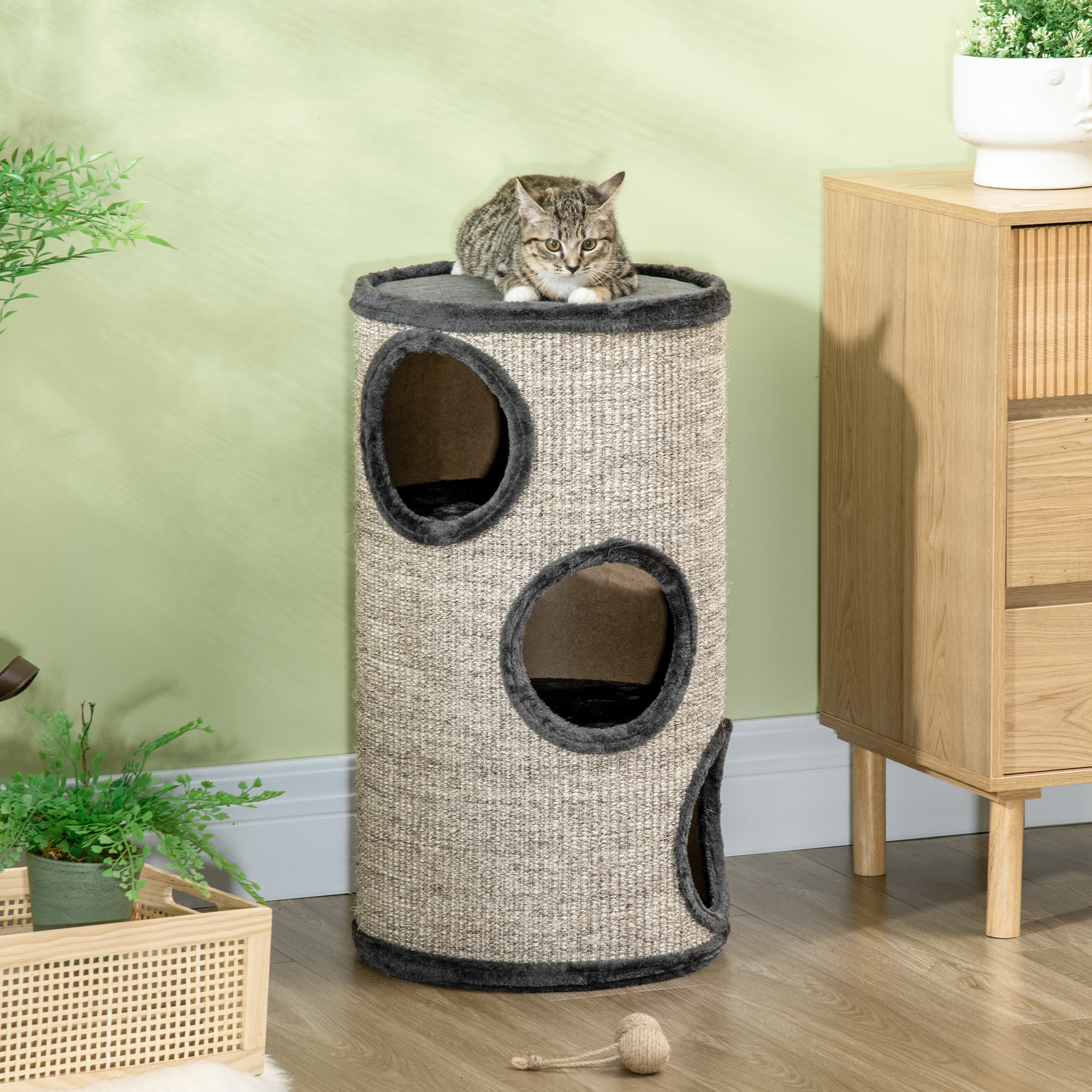 Arbre à chat cylindrique - tour à griffer pour chat - tonneau griffoir - 3 niveaux + plateforme - sisal peluche anthracite