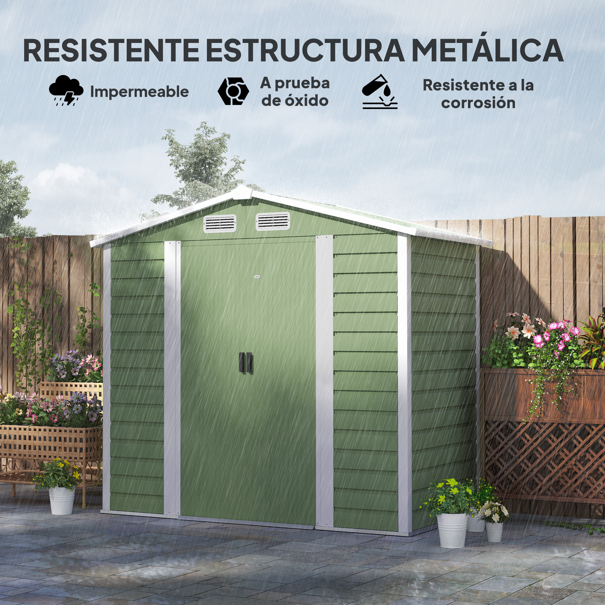 Caseta de Jardín Exterior 2,36m² 213x120x194 cm Cobertizo de Jardín Exterior con Base Refuerzo (Suelo NO Incluido) Puertas Correderas Dobles Candado Ventanas Verde Claro