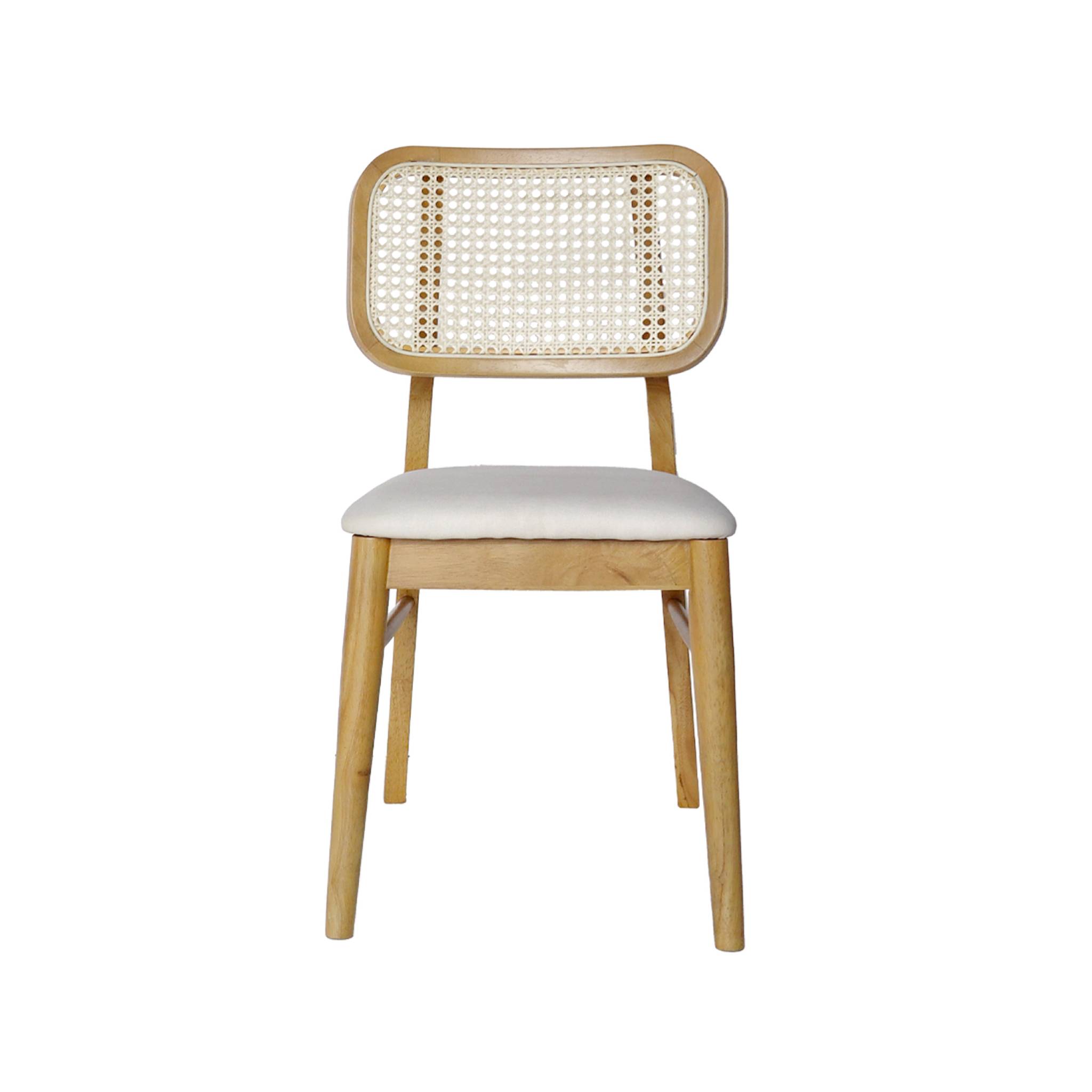 Lot de 2 chaises bois d'hévéa. cannage et tissu beige. bohème. L 43 x P 55 x H 81cm