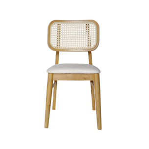 Lot de 2 chaises bois d'hévéa. cannage et tissu beige. bohème. L 43 x P 55 x H 81cm