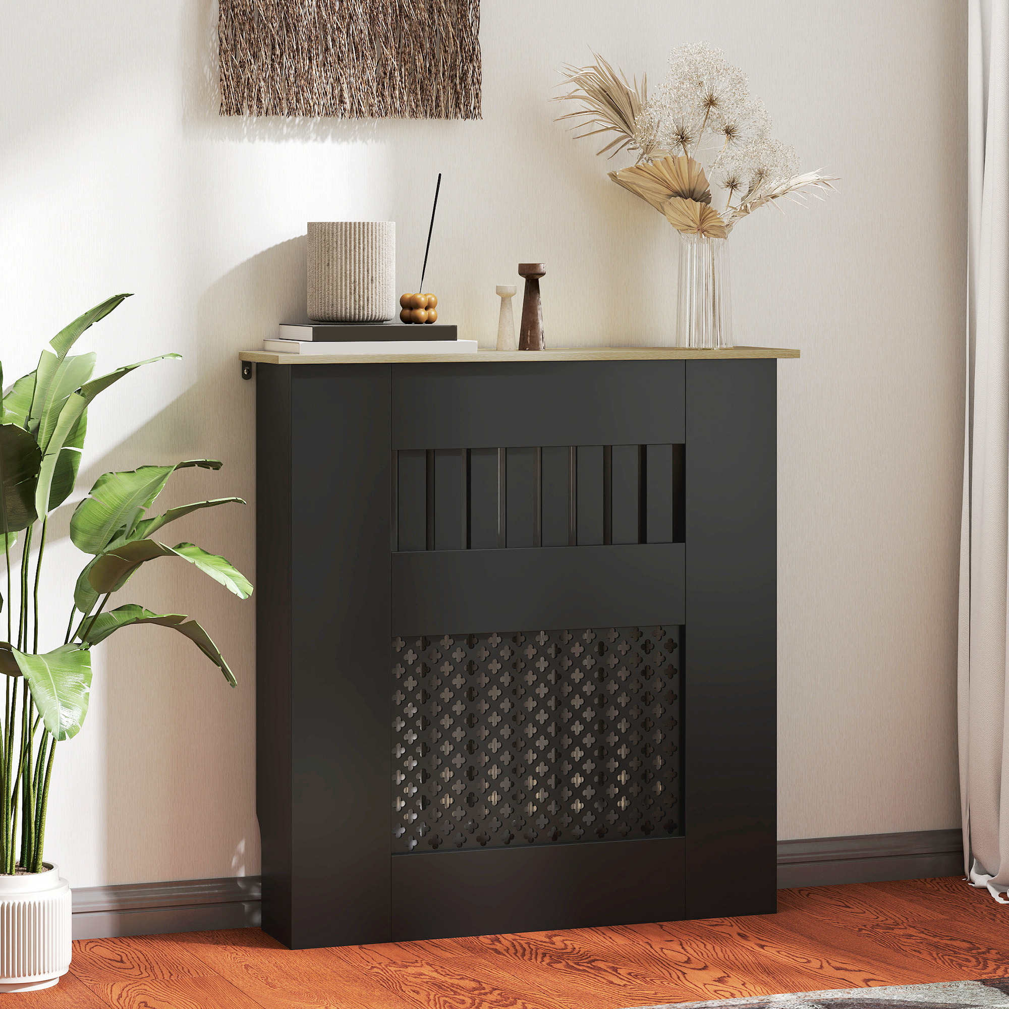 Cubre Radiadores, Cubreradiador de MDF, 78x19x81 cm, Cubierta para Radiador, Diseño Moderno de Listones y Nido de Abeja, para Salón, Dormitorio, Negro