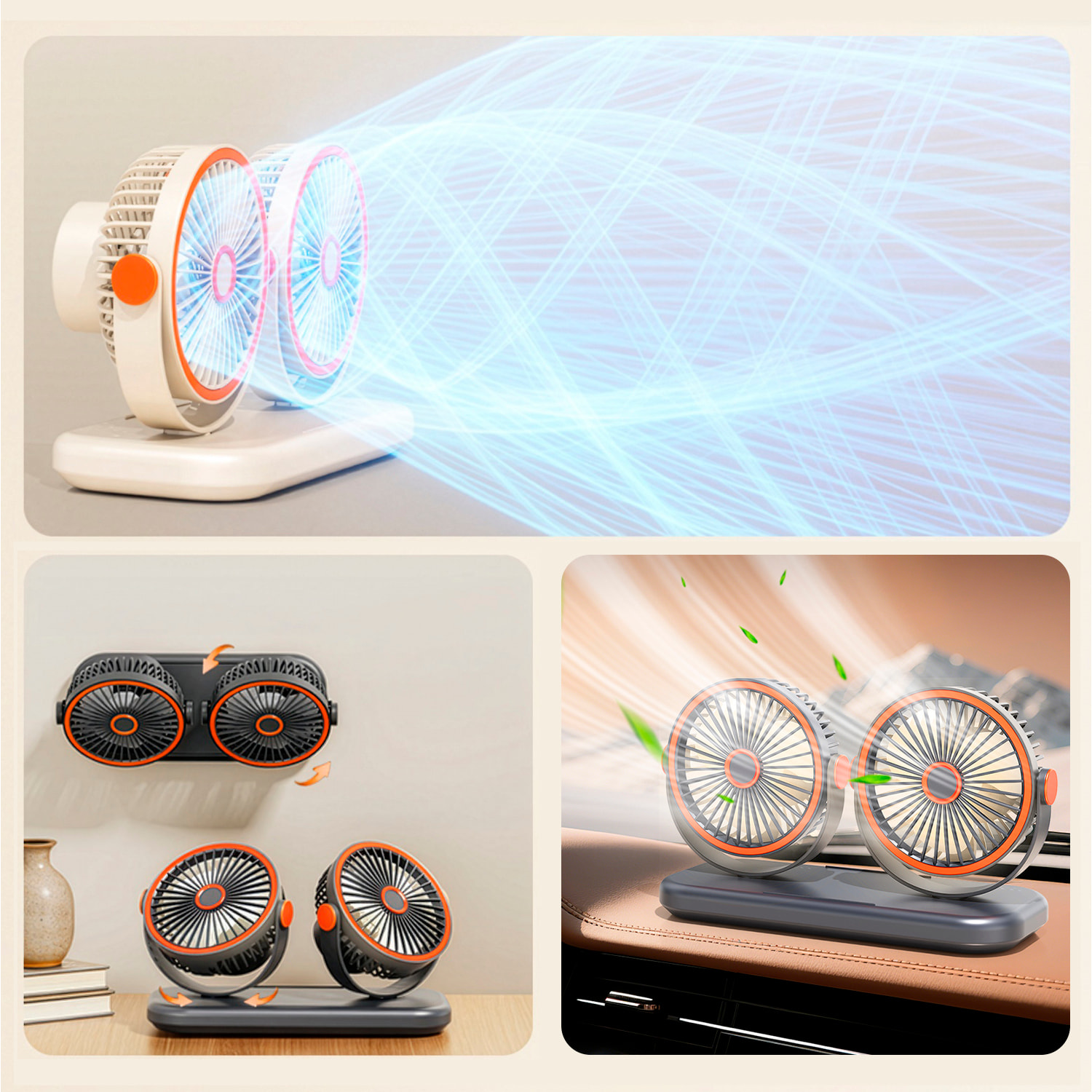 Ventilador modular F21. Con 2 ventiladores independientes, 5 velocidades por unidad y giro 360° vertical y horizontal. 3 niveles de iluminación y diseño versátil de sobremesa, pared, techo o uso portá
