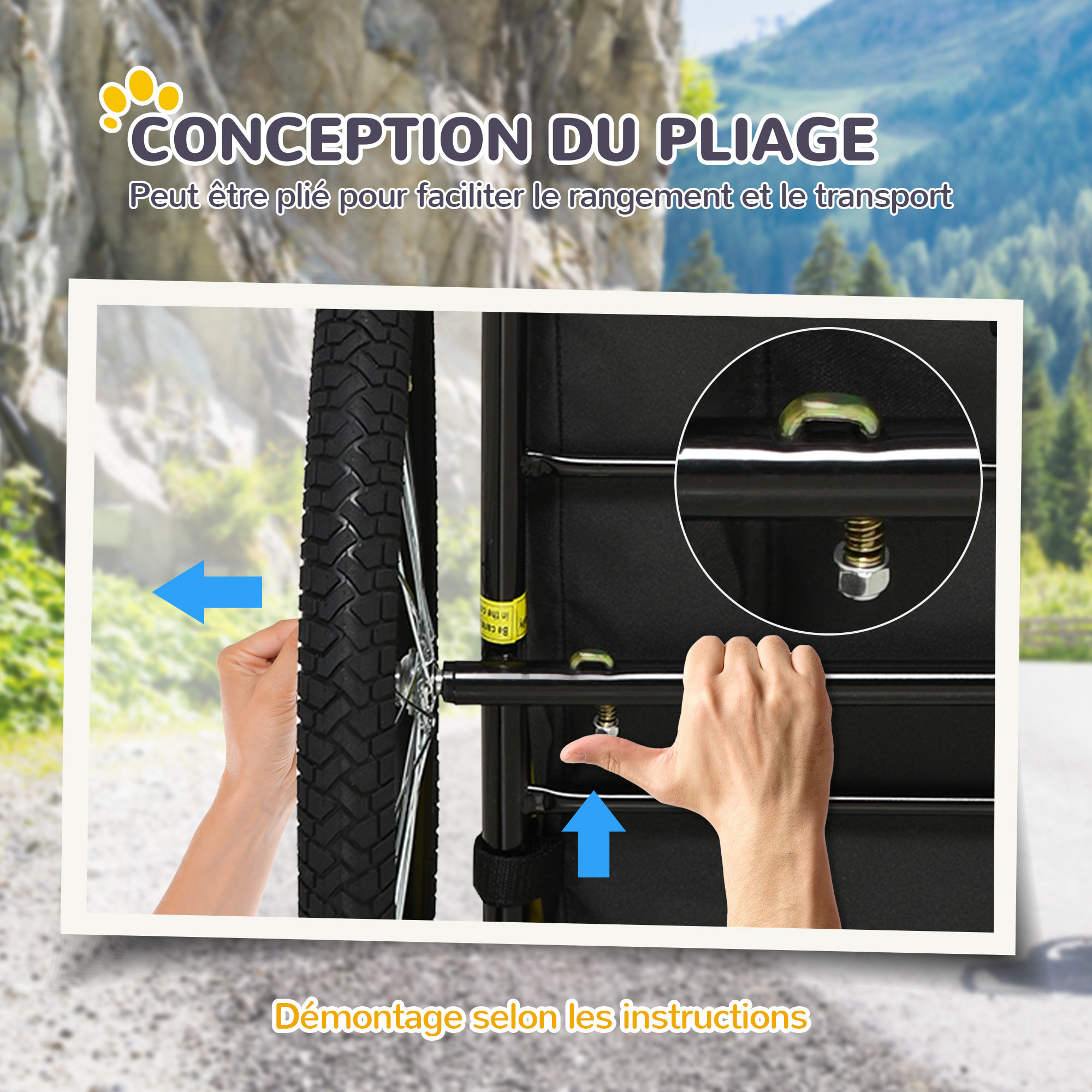 Remorque vélo pour chien 20 Kg pliable barre attelage fixation réflecteurs drapeau noir