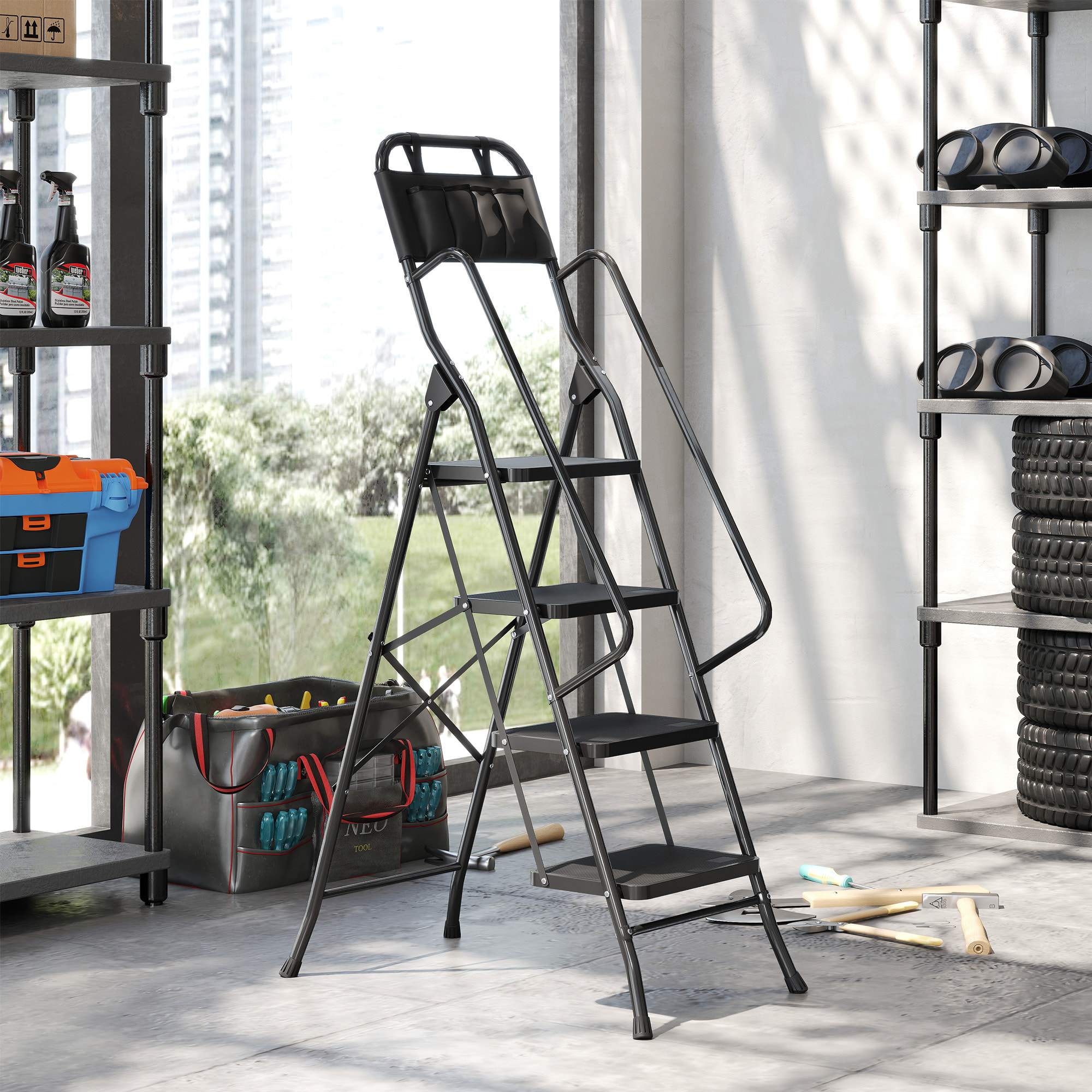 Escalera Plegable de 4 Peldaños con Bolsa de Herramientas, Escalera de Tijera, Carga 150 kg, con Peldaños Anchos Antideslizantes, Bloqueo de Seguridad, Apoyabrazos, Negro