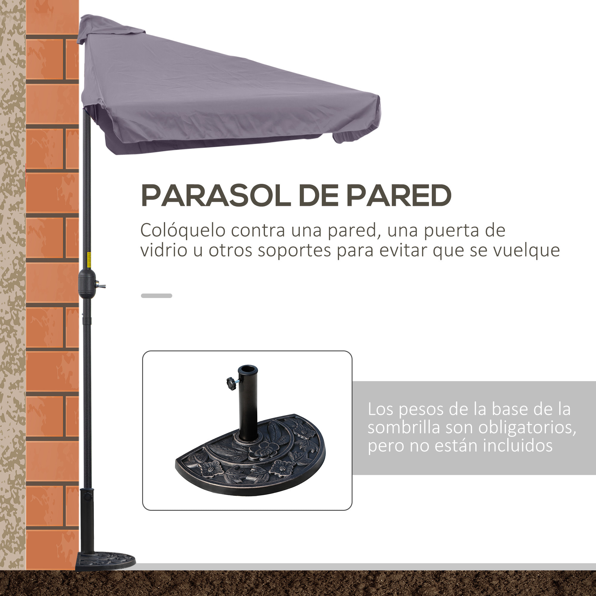 Sombrilla Rectangular 230x130x249 cm Parasol para Pared Media Sombrilla con Manivela Protección UV Impermeable Sombrilla para Balcón Terraza Jardín Gris Oscuro